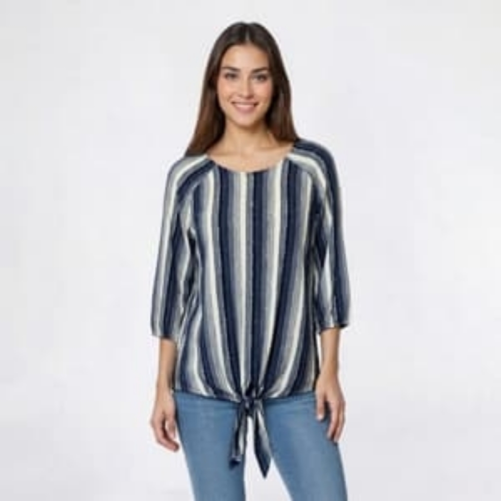 RAIN Chambray Strip Tie Waist Top